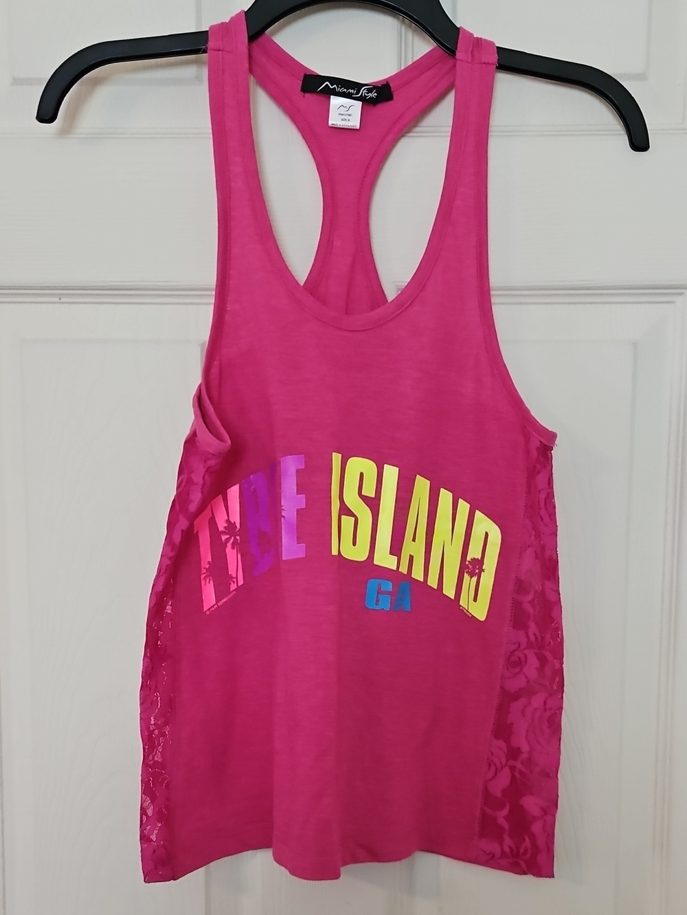 Neon Pink Racerback Tank Top with 'Tybe Island' Graphic -